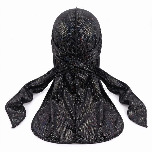 Premium Black Hologram Sparkle Velvet Durag - premium durag back view showing wrap straps, tail and stitching
