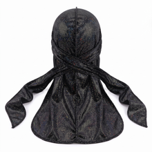 Premium Black Hologram Sparkle Velvet Durag - premium durag back view showing wrap straps, tail and stitching