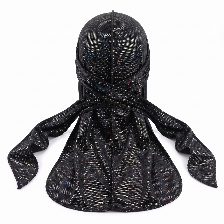 Premium Black Hologram Sparkle Velvet Durag - premium durag back view showing wrap straps, tail and stitching