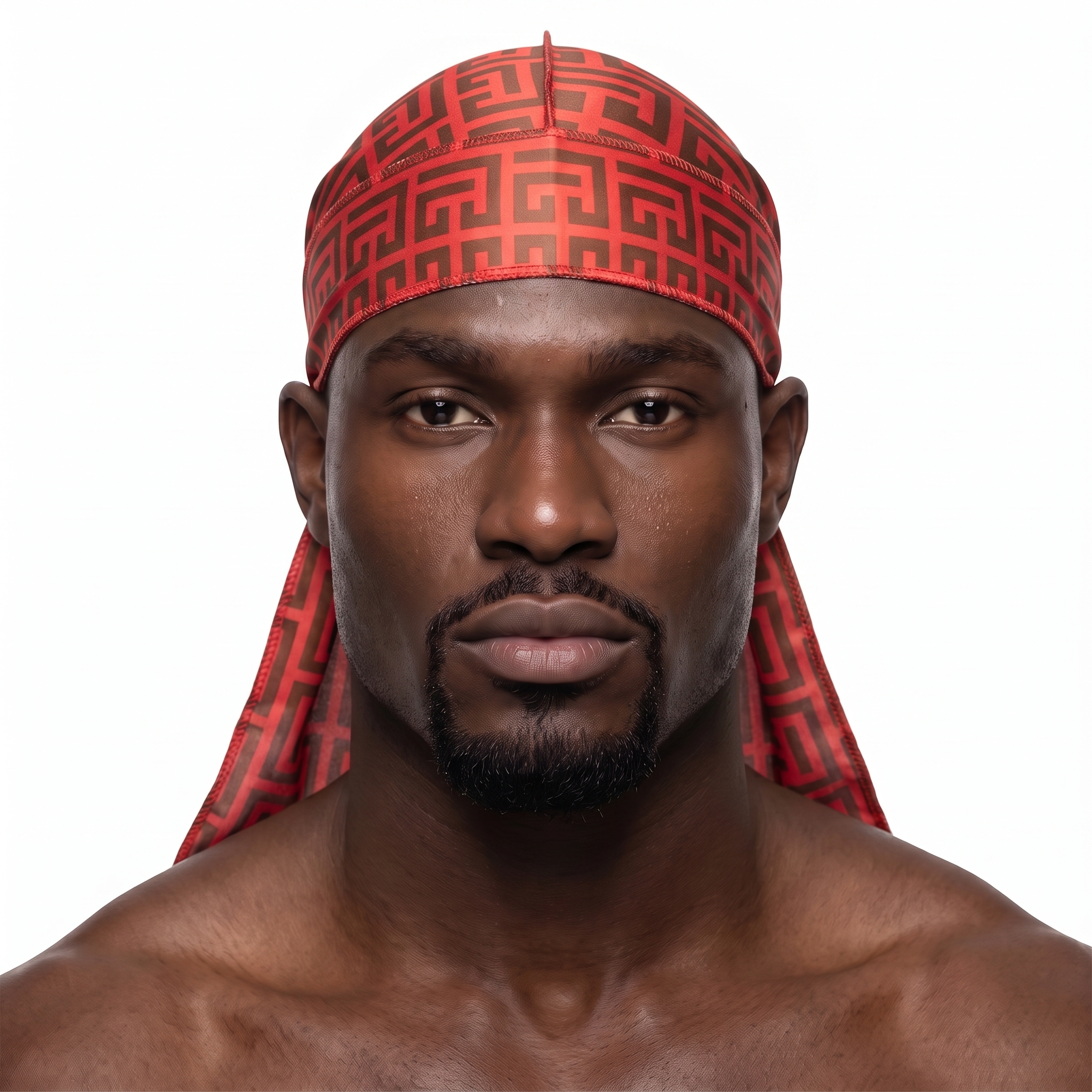 Red and Brown Maze geometric Satin Silky Durag worn by male model, front view on white background