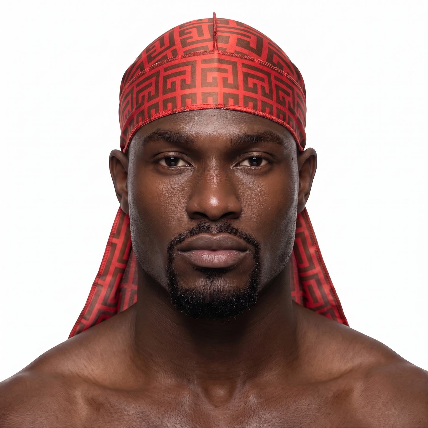 Red and Brown Maze geometric Satin Silky Durag worn by male model, front view on white background