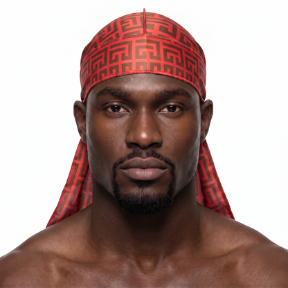 Red and Brown Maze geometric Satin Silky Durag worn by male model, front view on white background