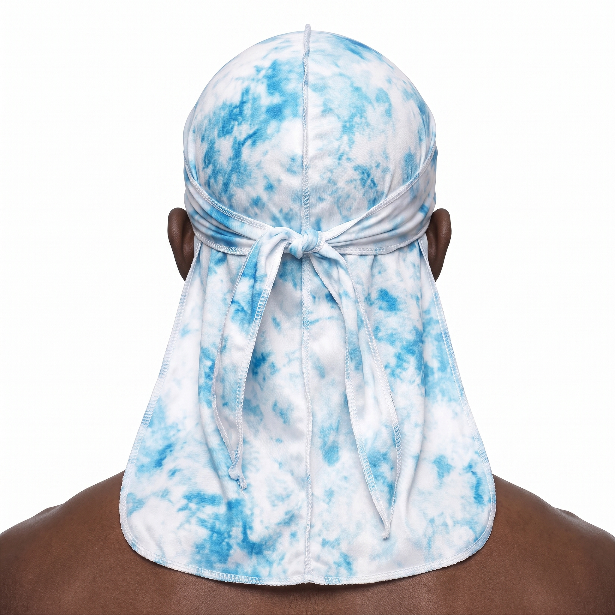 Blue Tye Dye Satin Silky Durag worn by male model, back view showing tied wrap and tail