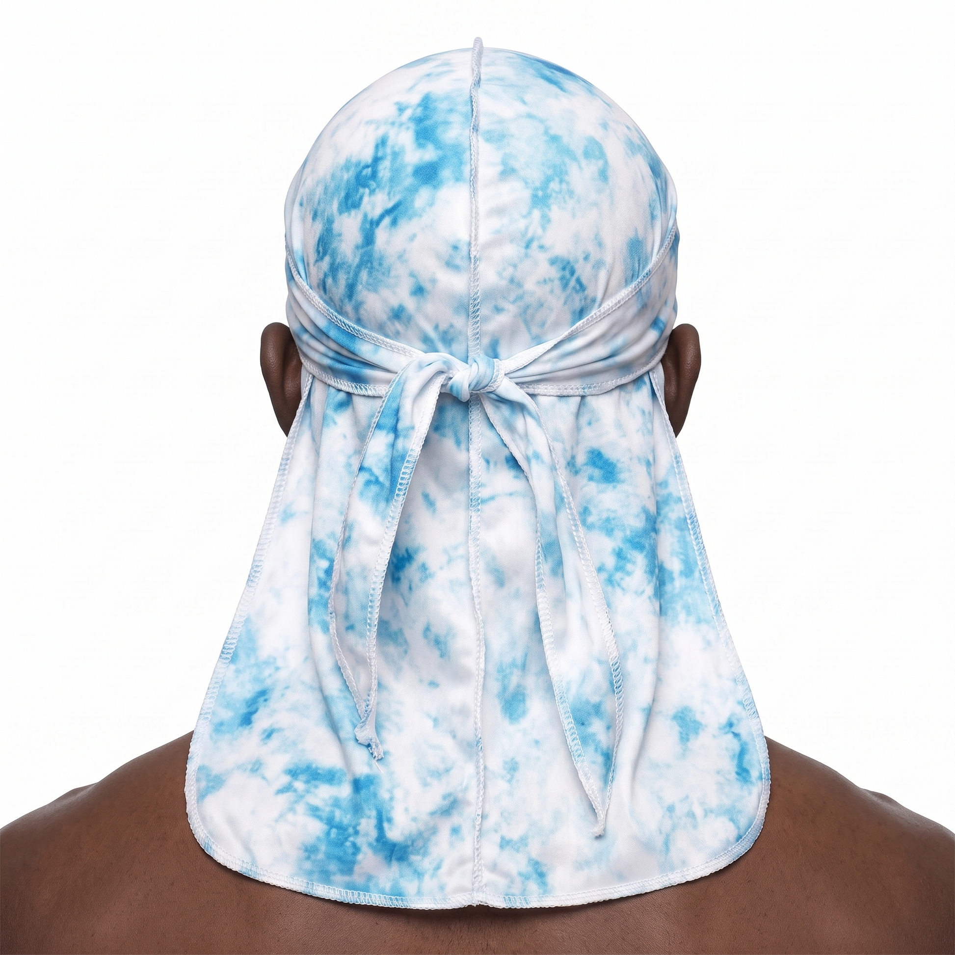 Blue Tye Dye Satin Silky Durag worn by male model, back view showing tied wrap and tail
