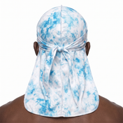 Blue Tye Dye Satin Silky Durag worn by male model, back view showing tied wrap and tail