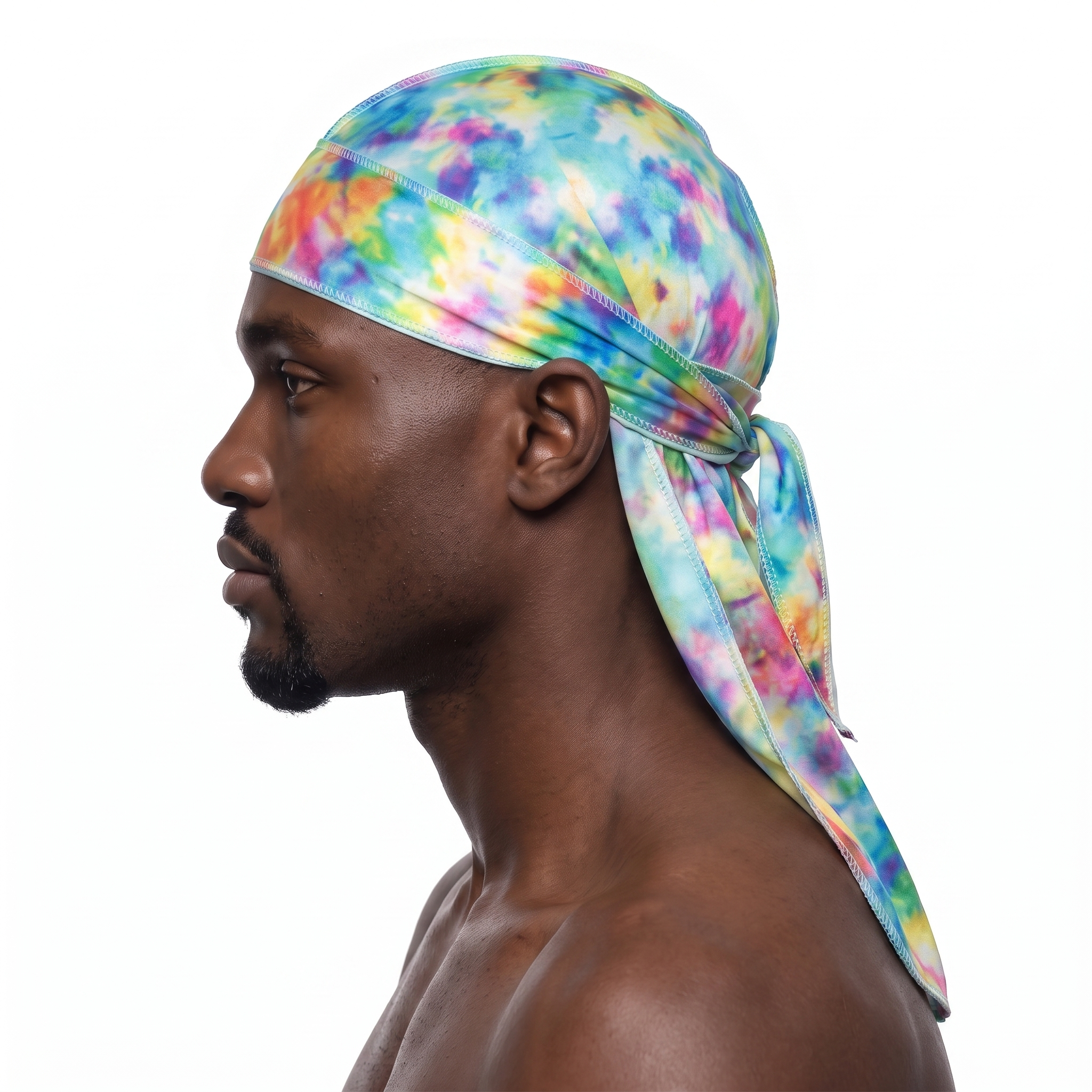 Color Bomb multicolor Tye Dye Satin Silky Durag worn by male model, side profile showing fit and tail drape