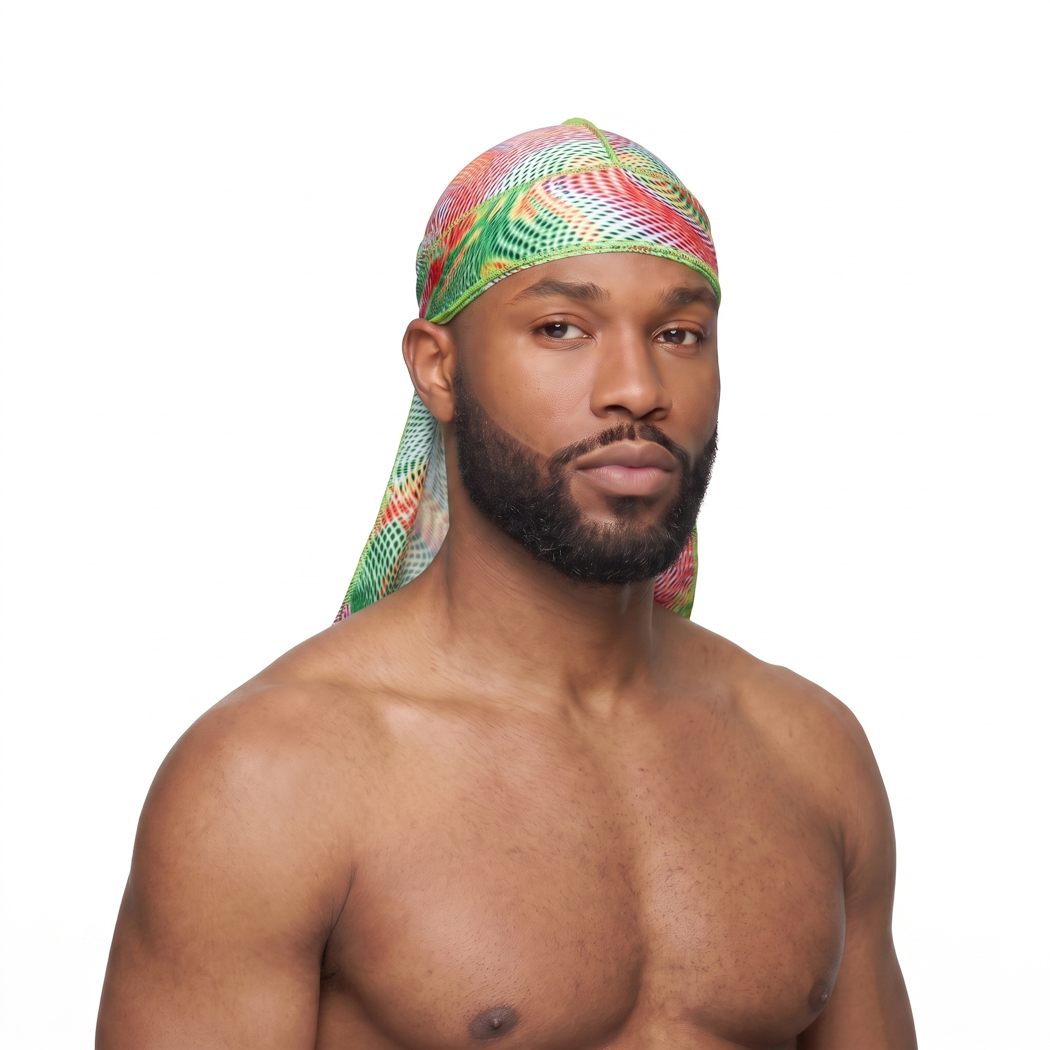 Thermal heat-map optical illusion Satin Silky Durag worn by male model, front view on white background