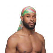 Thermal heat-map optical illusion Satin Silky Durag worn by male model, front view on white background