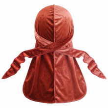 Premium Brown Clay Velvet Durag - premium velvet durag back view showing wrap straps, tail and stitching