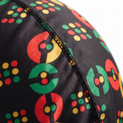 Juneteenth 5.0 red black and green Satin Silky Durag fabric close-up showing Juneteenth 5.0 red black and green print and stitching detail
