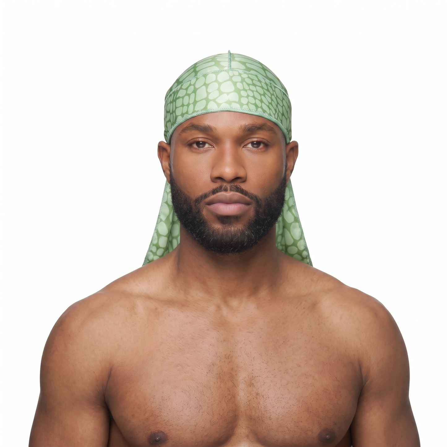 Green crocodile skin Satin Silky Durag worn by male model, front view on white background