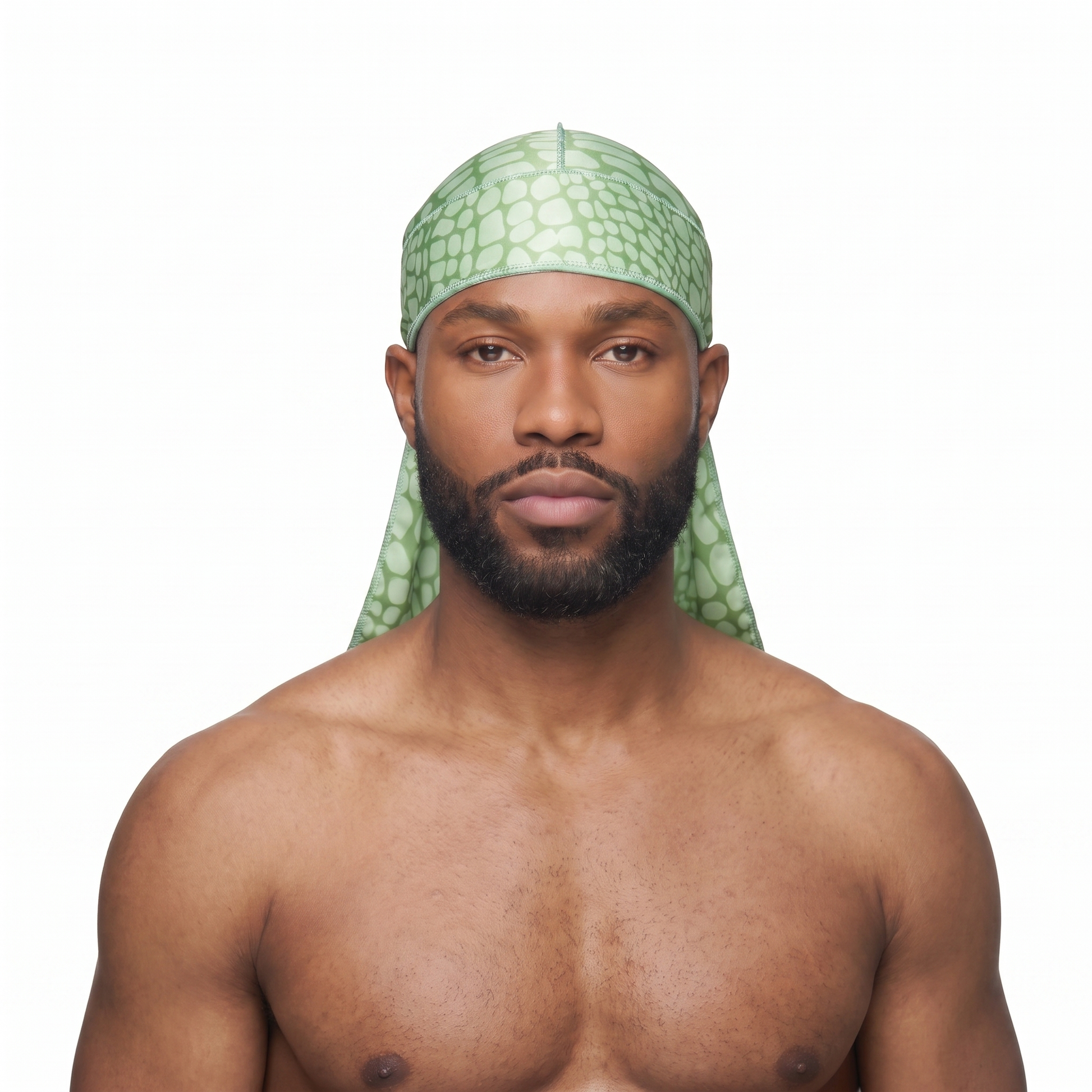 Green crocodile skin Satin Silky Durag worn by male model, front view on white background