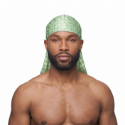 Green crocodile skin Satin Silky Durag worn by male model, front view on white background