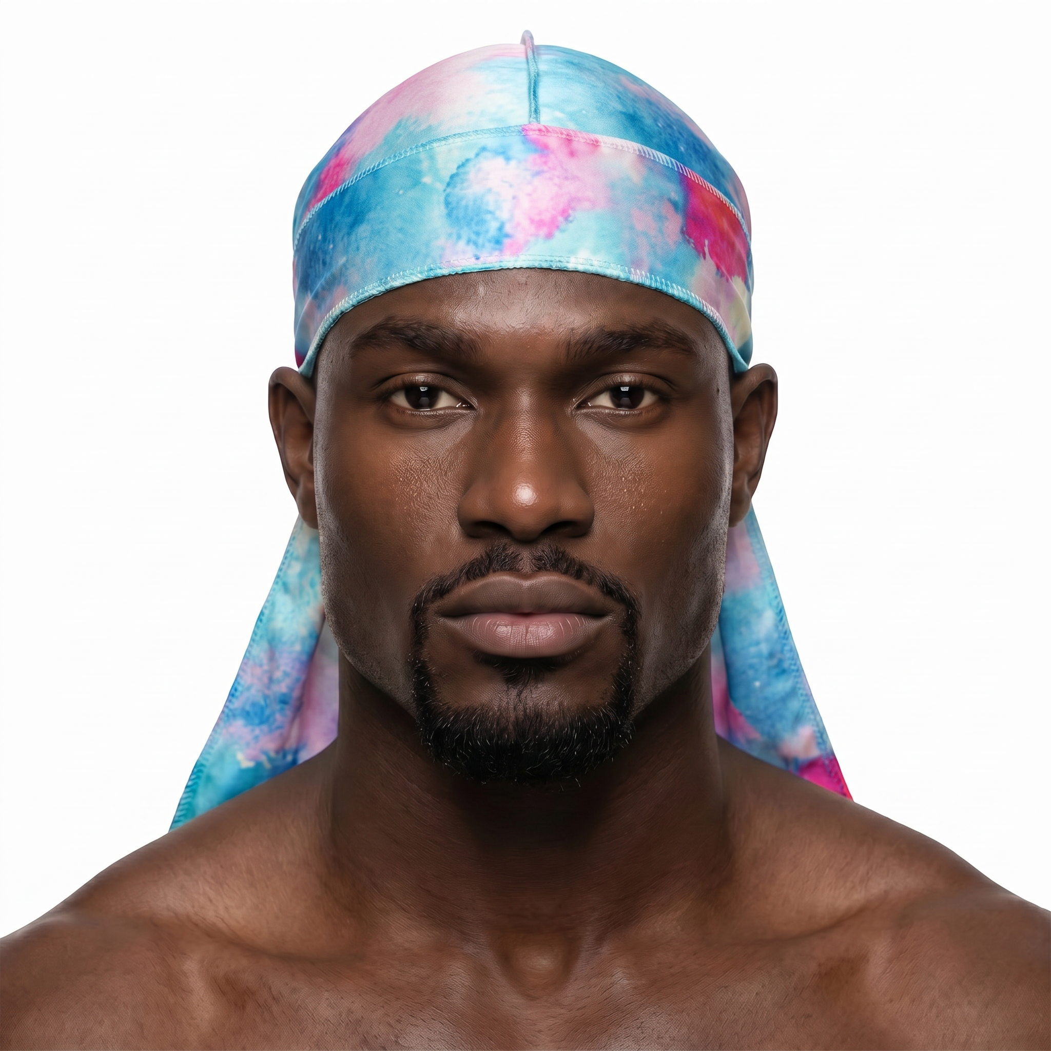 Pastel Bubble Gum Satin Silky Durag worn by male model, front view on white background