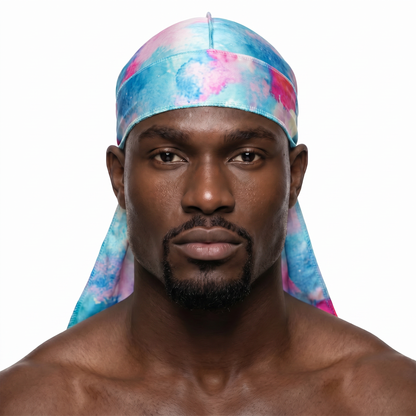 Pastel Bubble Gum Satin Silky Durag worn by male model, front view on white background