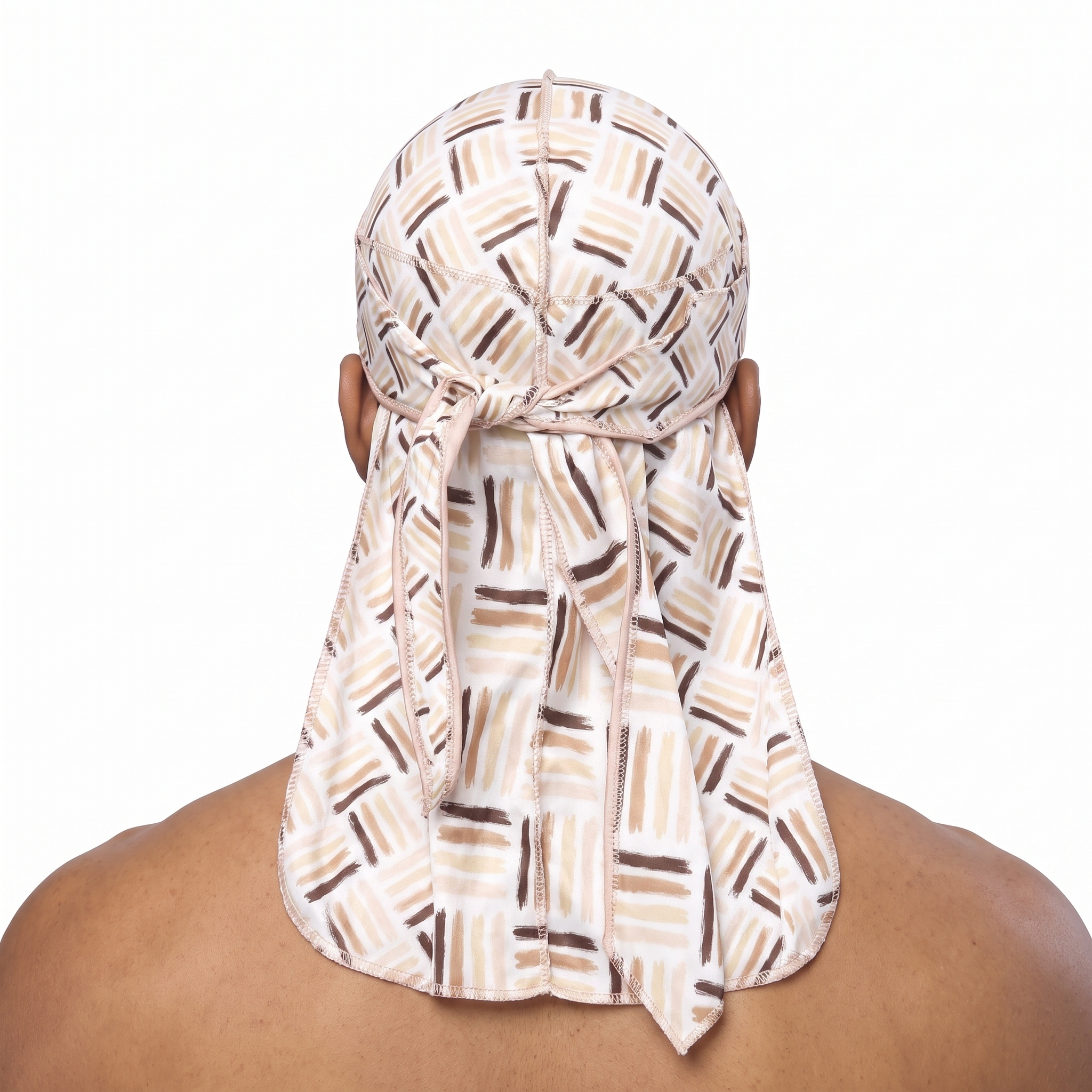 Black Power 3 graphic Satin Silky Durag worn by male model, back view showing tied wrap and tail