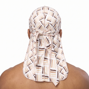 Black Power 3 graphic Satin Silky Durag worn by male model, back view showing tied wrap and tail