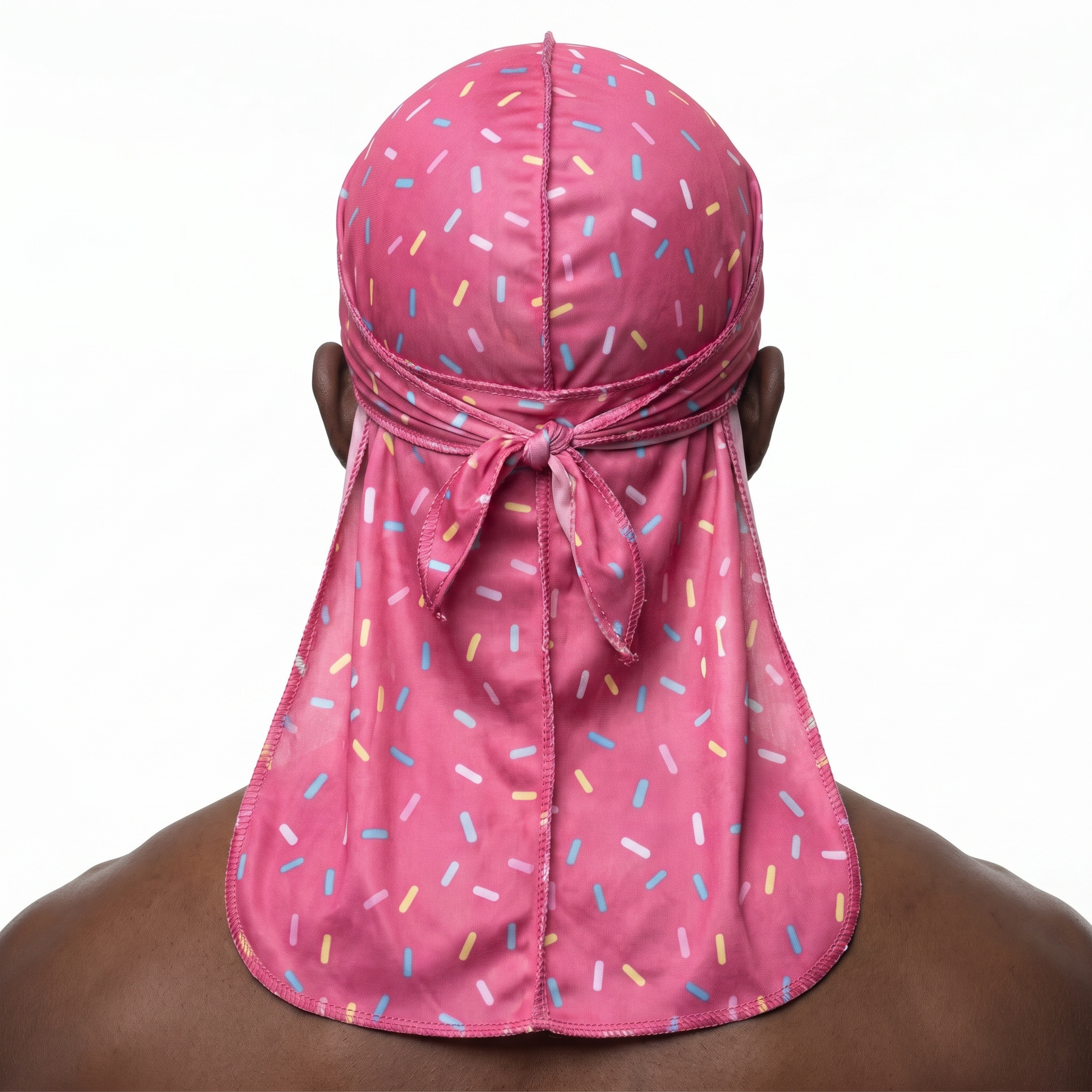 Dark pink ice cream sprinkle Satin Silky Durag worn by male model, back view showing tied wrap and tail
