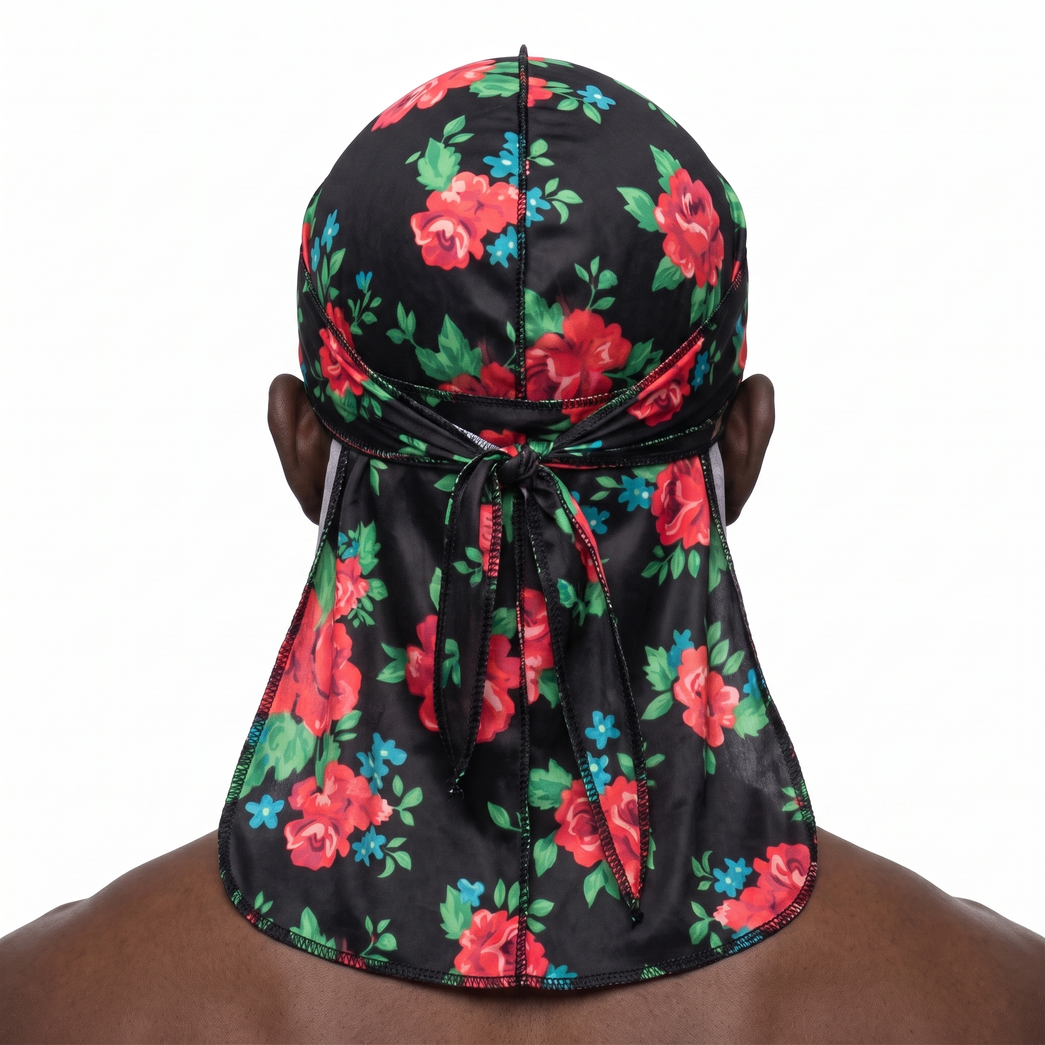 Red Retro Roses floral Satin Silky Durag worn by male model, back view showing tied wrap and tail