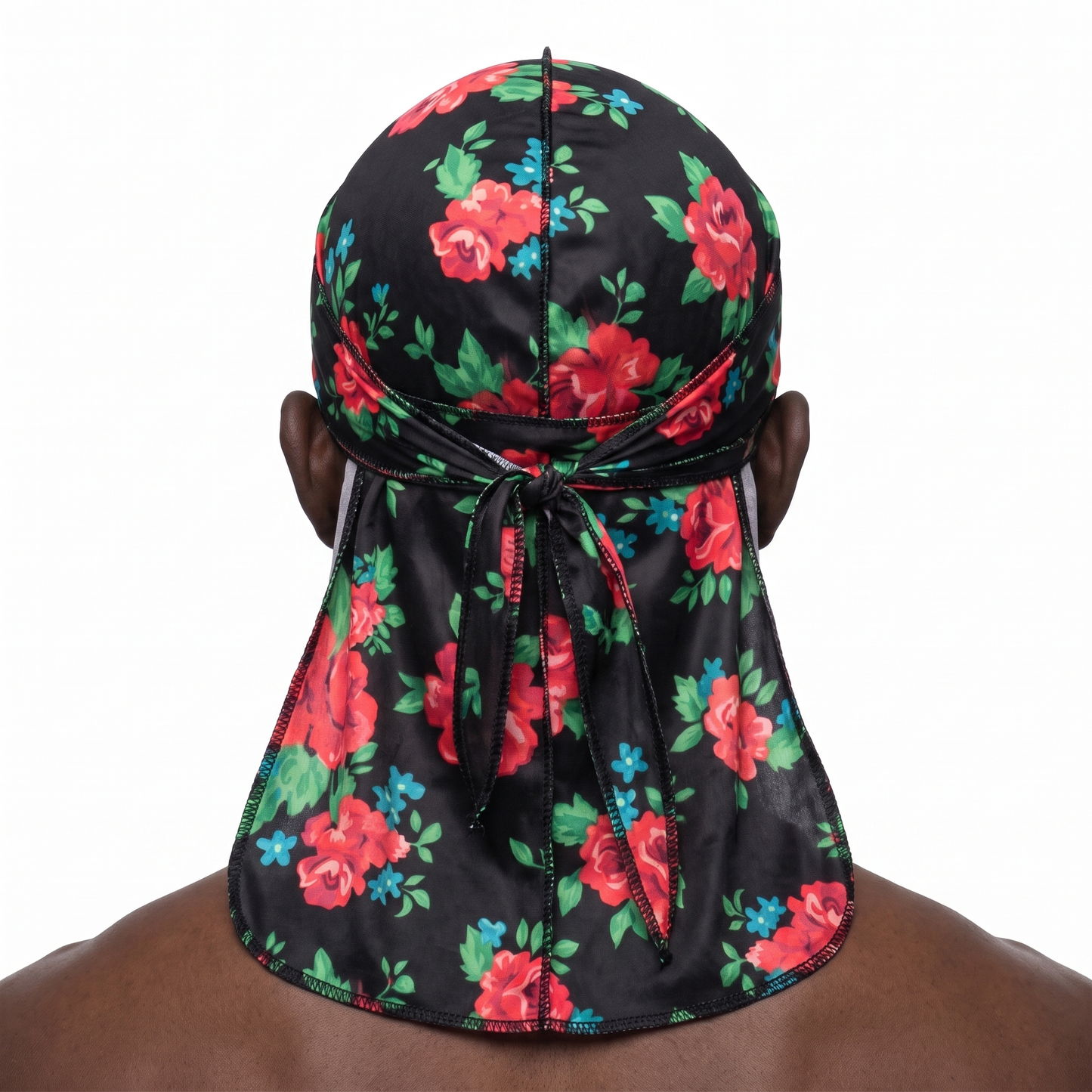 Red Retro Roses floral Satin Silky Durag worn by male model, back view showing tied wrap and tail