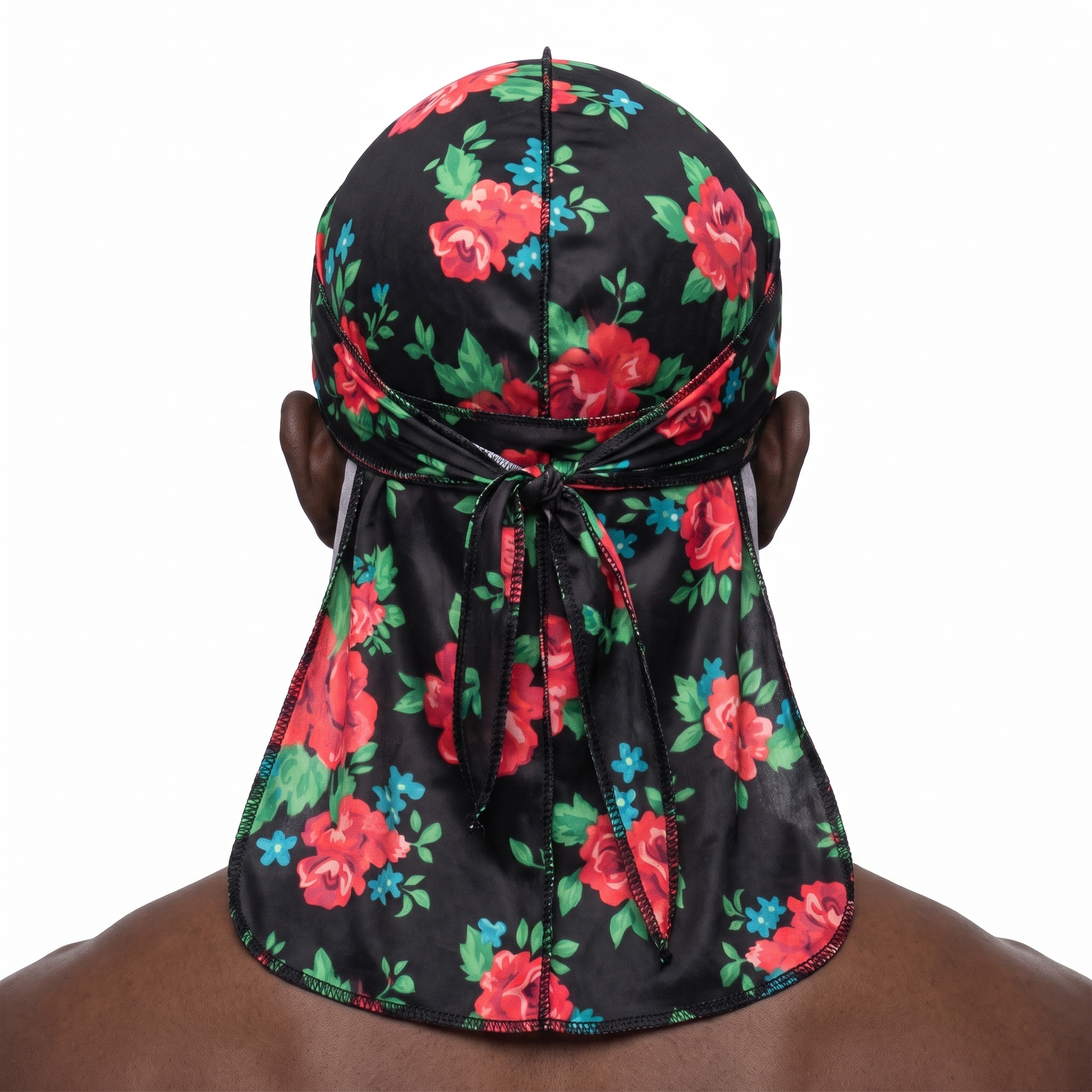 Red Retro Roses floral Satin Silky Durag worn by male model, back view showing tied wrap and tail