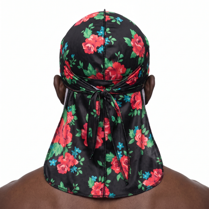 Red Retro Roses floral Satin Silky Durag worn by male model, back view showing tied wrap and tail