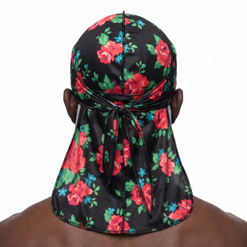Red Retro Roses floral Satin Silky Durag worn by male model, back view showing tied wrap and tail