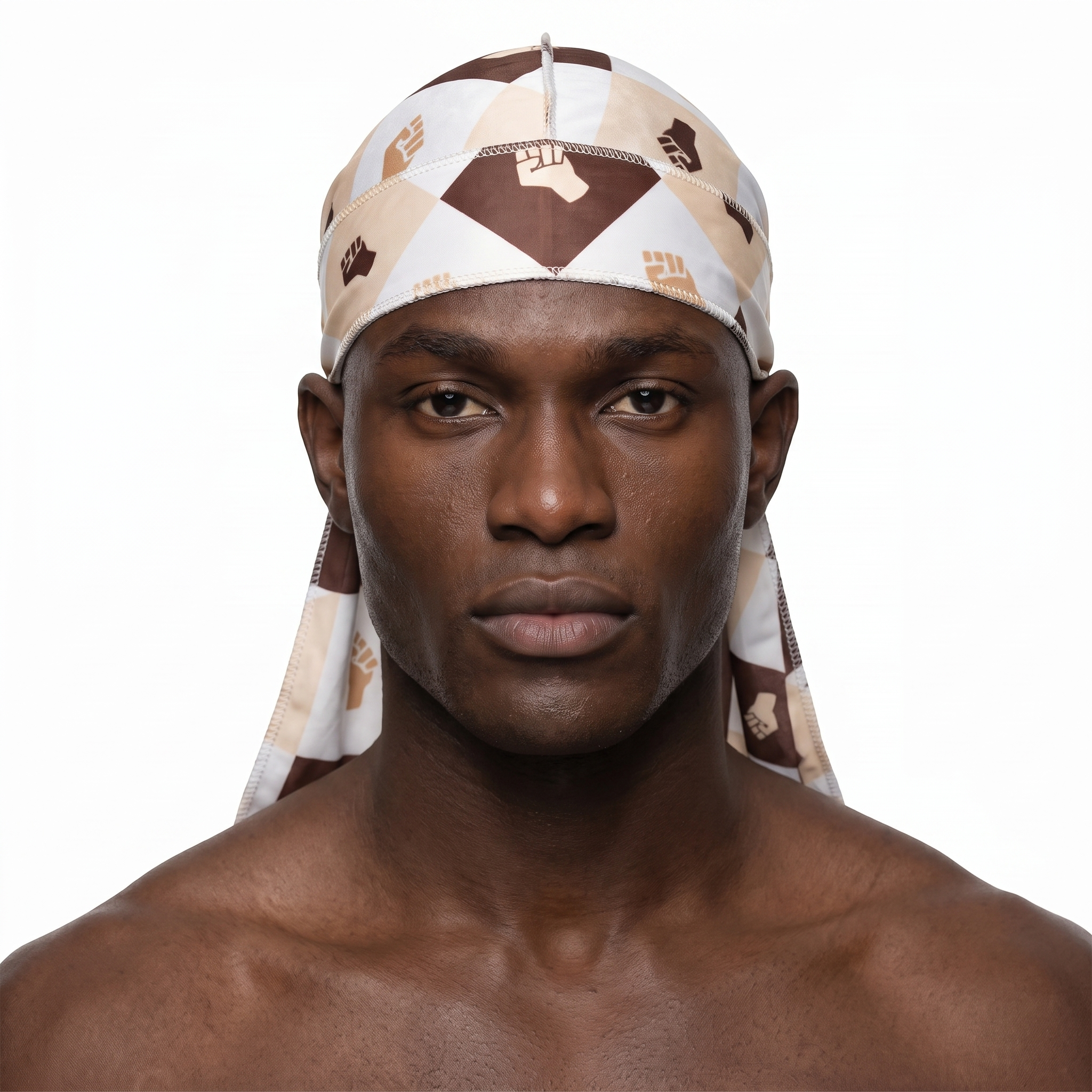 Black Power 4 graphic Satin Silky Durag worn by male model, front view on white background