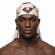 Black Power 4 graphic Satin Silky Durag worn by male model, front view on white background