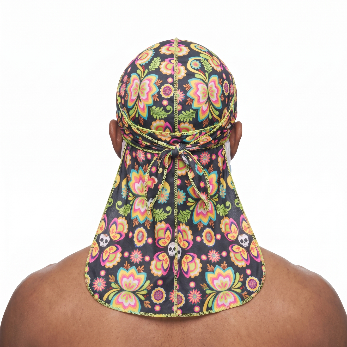 Cinco De Mayo Black 2.0 festive Satin Silky Durag worn by male model, back view showing tied wrap and tail