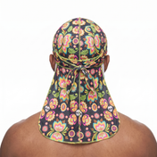 Cinco De Mayo Black 2.0 festive Satin Silky Durag worn by male model, back view showing tied wrap and tail