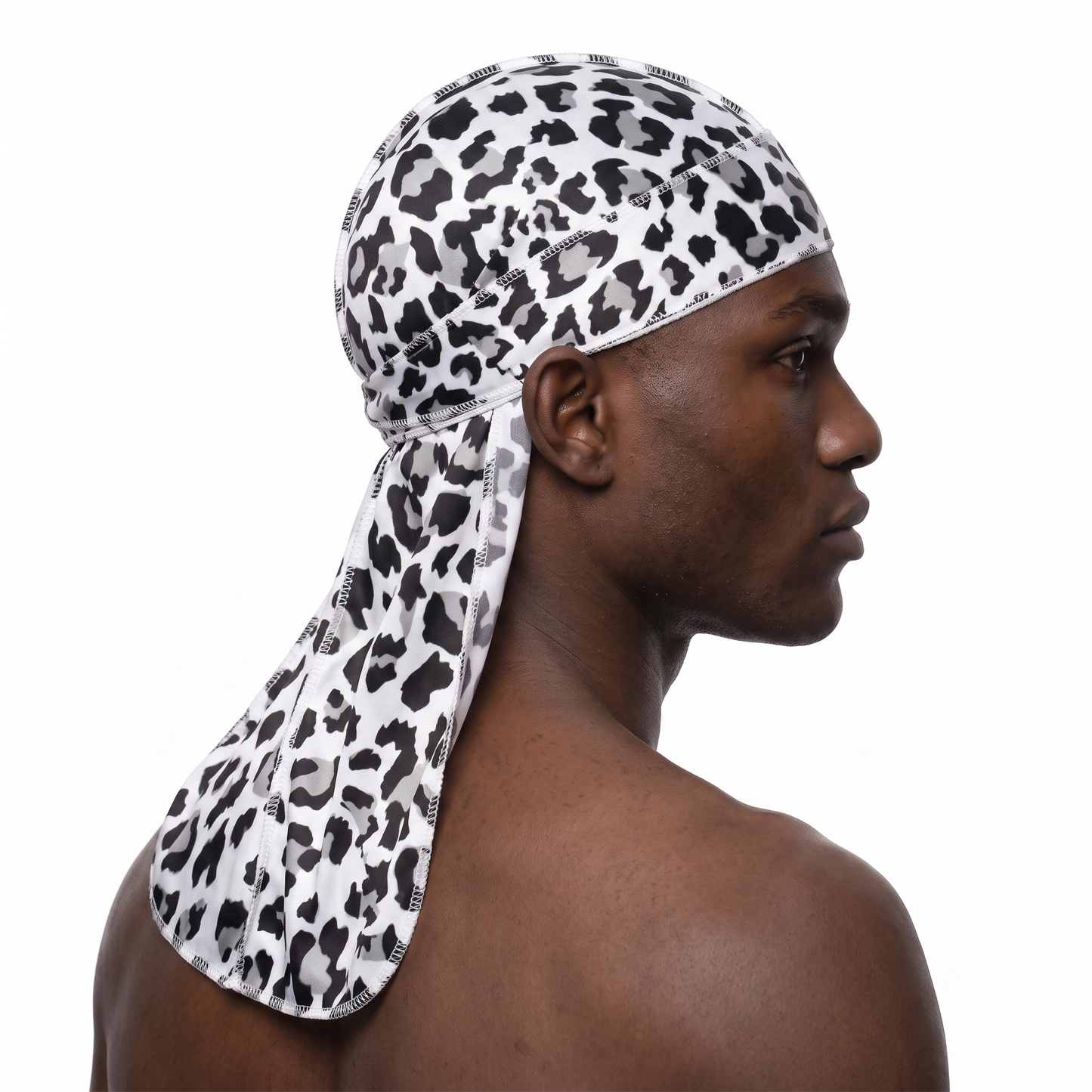 Snow Leopard spotted animal print Satin Silky Durag worn by male model, side profile showing fit and tail drape