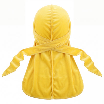 Premium Canary Yellow Velvet Durag - premium velvet durag back view showing wrap straps, tail and stitching