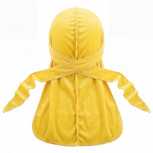 Premium Canary Yellow Velvet Durag - premium velvet durag back view showing wrap straps, tail and stitching
