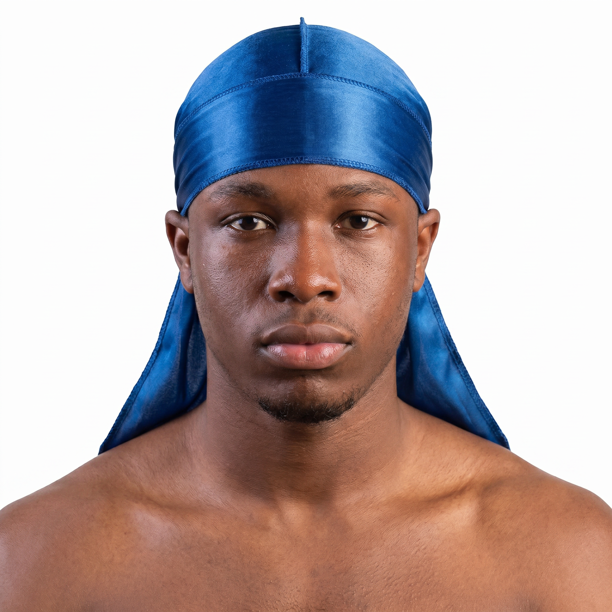 Premium True Blue Silk Durag worn by male model, front view on white background