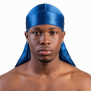 Premium True Blue Silk Durag worn by male model, front view on white background