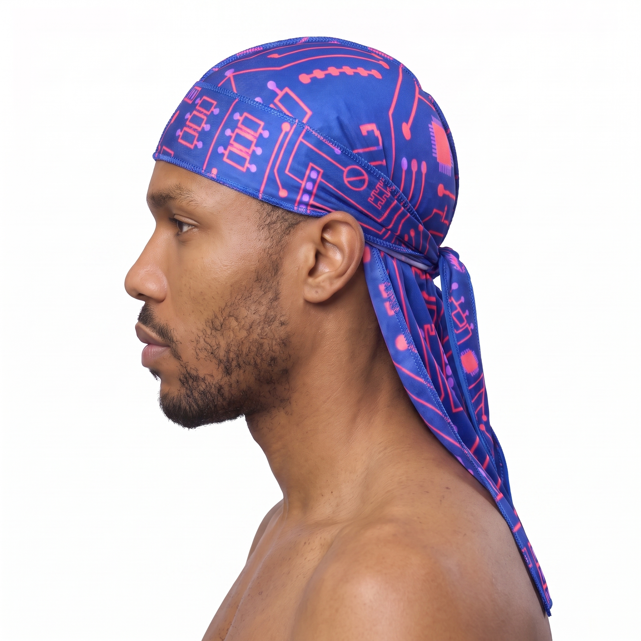 Digital Blue and Red pixel Satin Silky Durag worn by male model, side profile showing fit and tail drape