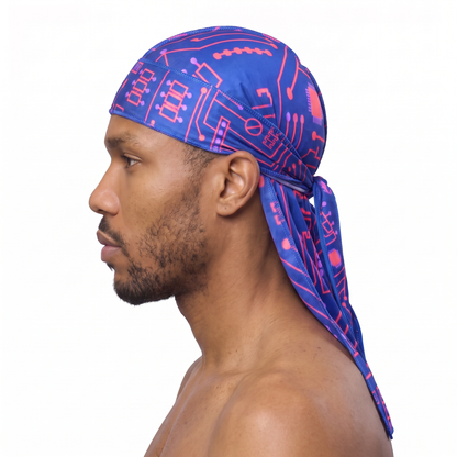 Digital Blue and Red pixel Satin Silky Durag worn by male model, side profile showing fit and tail drape