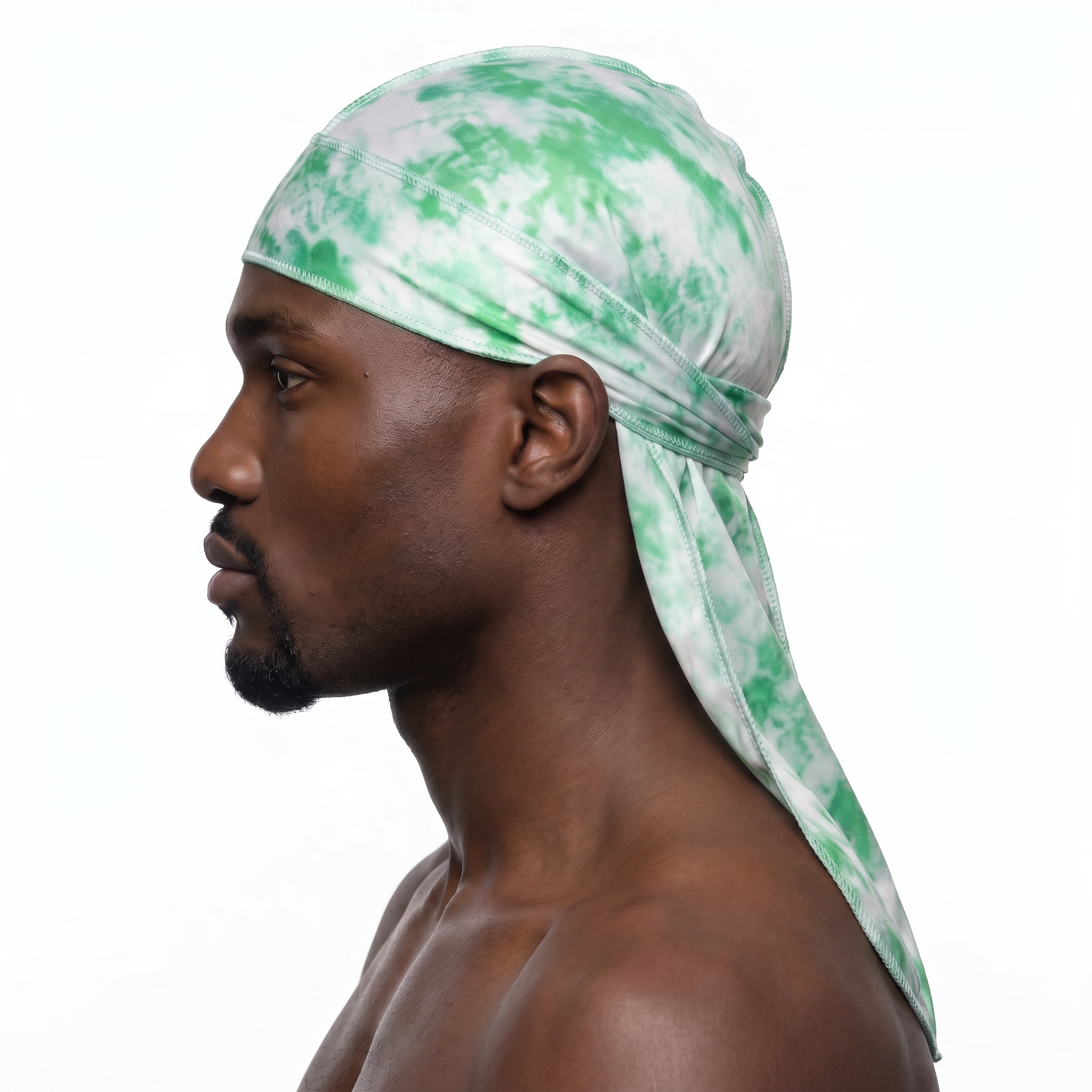 Green Tye Dye Satin Silky Durag worn by male model, side profile showing fit and tail drape