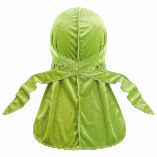 Premium Lime Velvet Durag - premium velvet durag back view showing wrap straps, tail and stitching