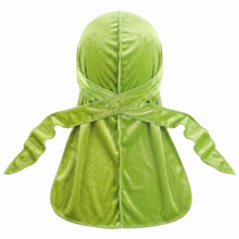 Premium Lime Velvet Durag - premium velvet durag back view showing wrap straps, tail and stitching