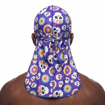 Cinco De Mayo Purple festive Satin Silky Durag worn by male model, back view showing tied wrap and tail