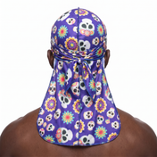 Cinco De Mayo Purple festive Satin Silky Durag worn by male model, back view showing tied wrap and tail
