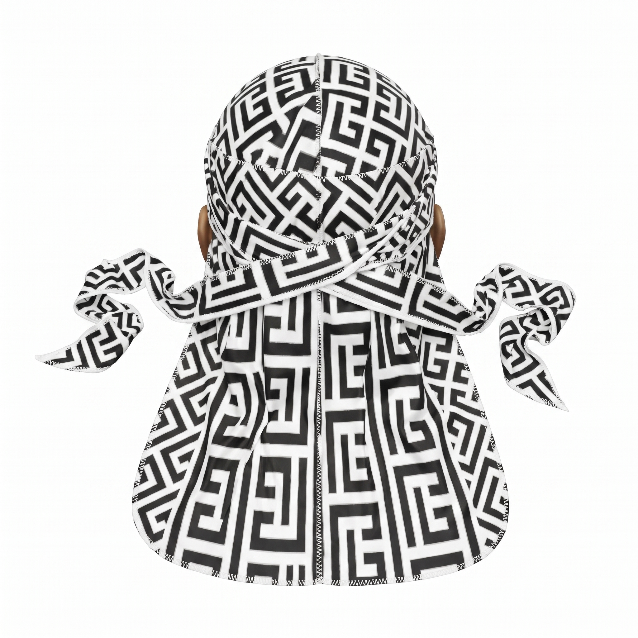 Black and White Maze geometric Satin Silky Durag - premium silky durag back view showing wrap straps, tail and stitching