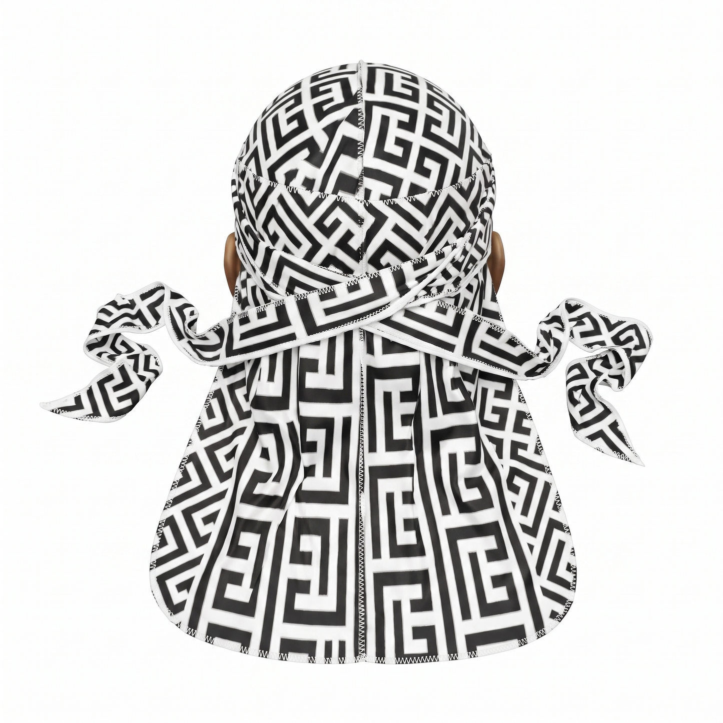 Black and White Maze geometric Satin Silky Durag - premium silky durag back view showing wrap straps, tail and stitching