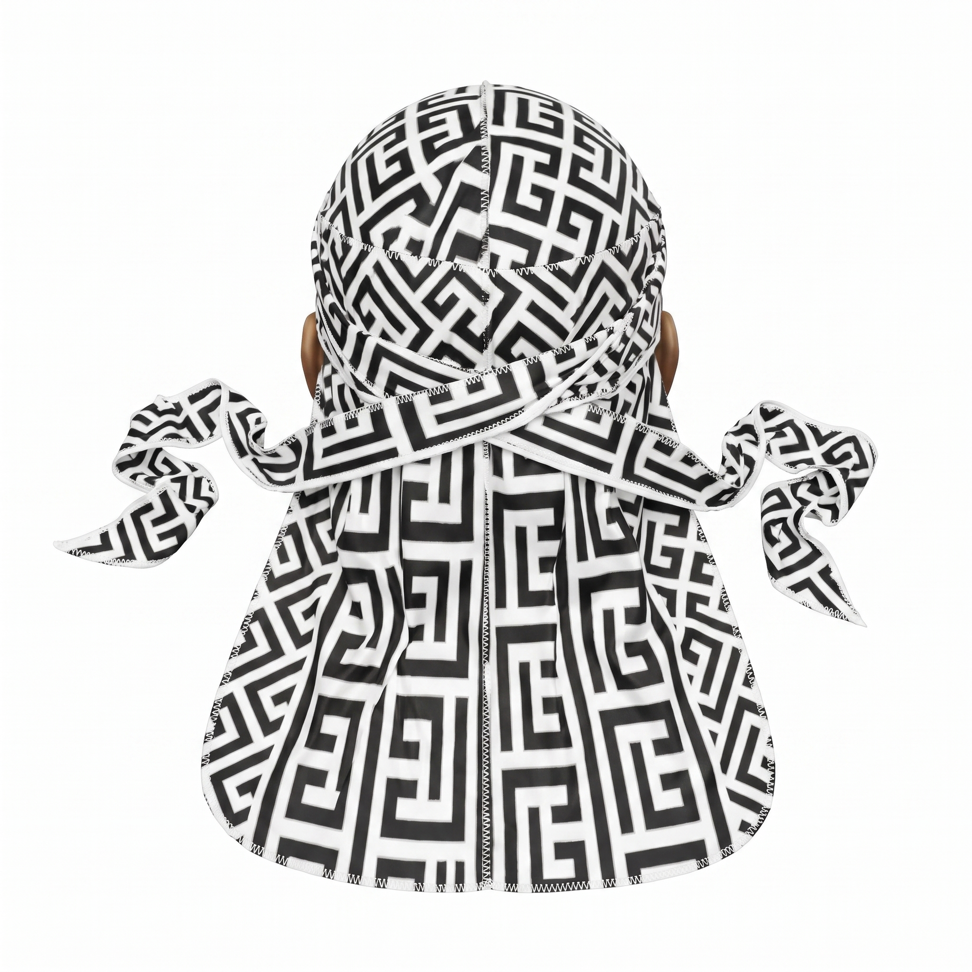Black and White Maze geometric Satin Silky Durag - premium silky durag back view showing wrap straps, tail and stitching