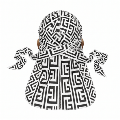 Black and White Maze geometric Satin Silky Durag - premium silky durag back view showing wrap straps, tail and stitching