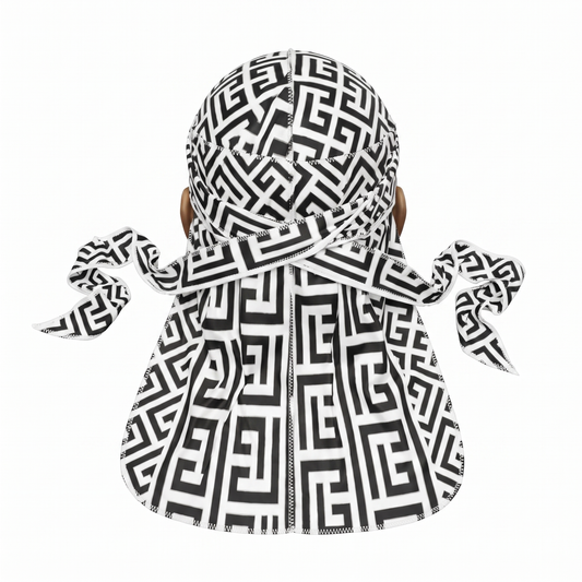 Black and White Maze geometric Satin Silky Durag - premium silky durag back view showing wrap straps, tail and stitching