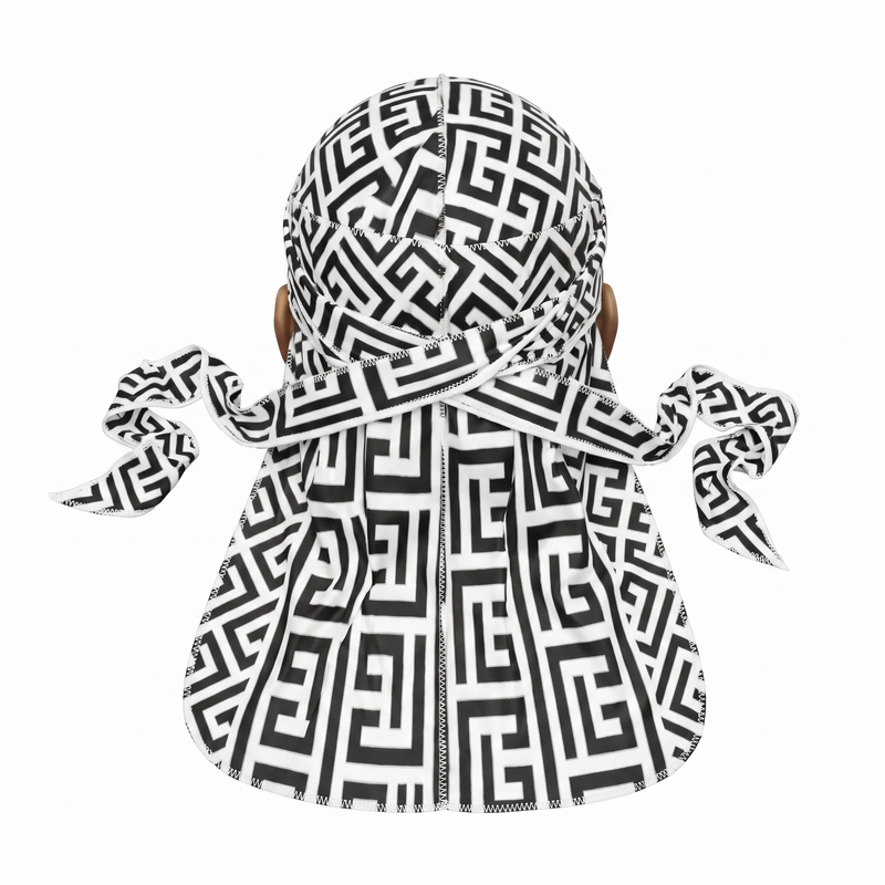 Black and White Maze geometric Satin Silky Durag - premium silky durag back view showing wrap straps, tail and stitching