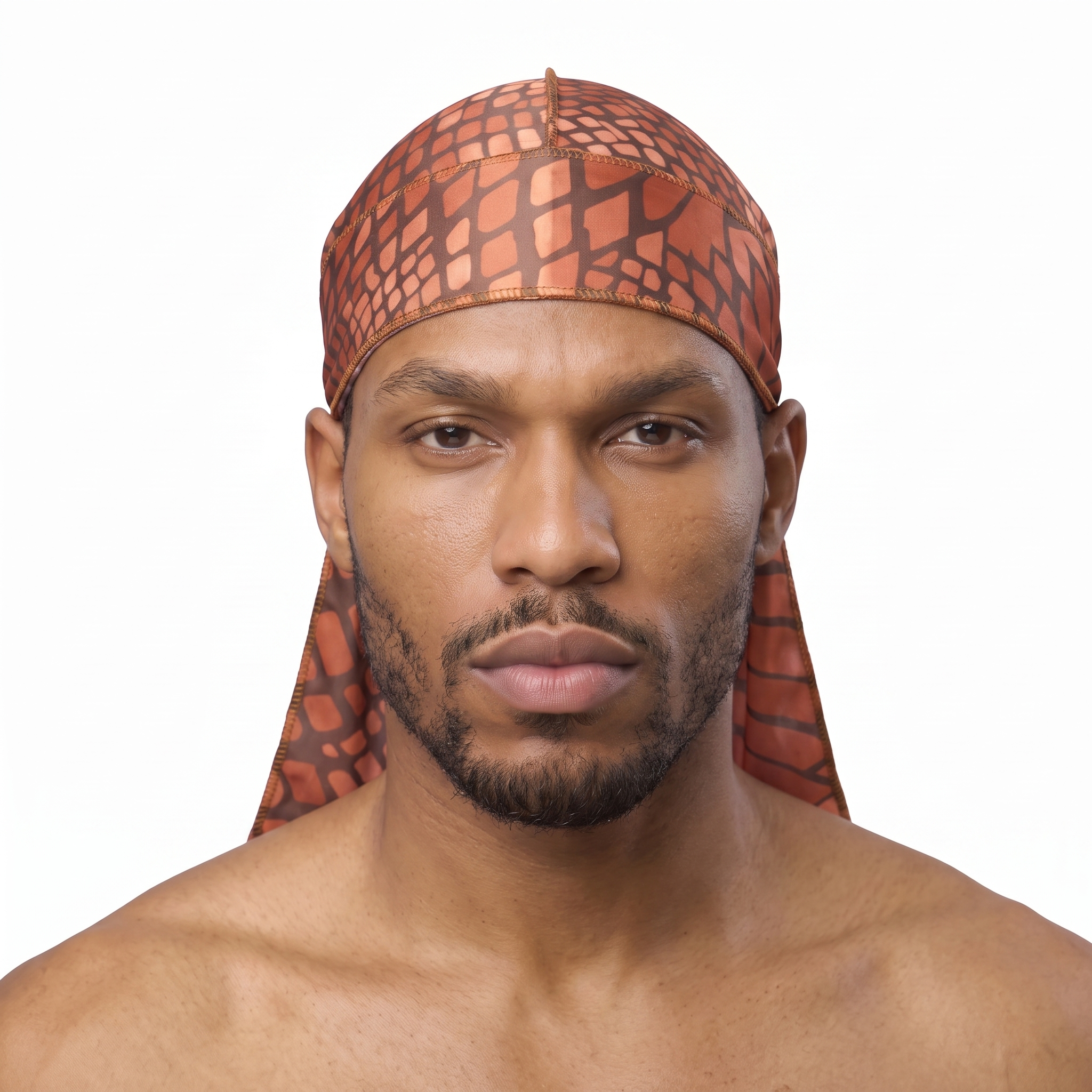 Clay reptile snakeskin Satin Silky Durag worn by male model, front view on white background